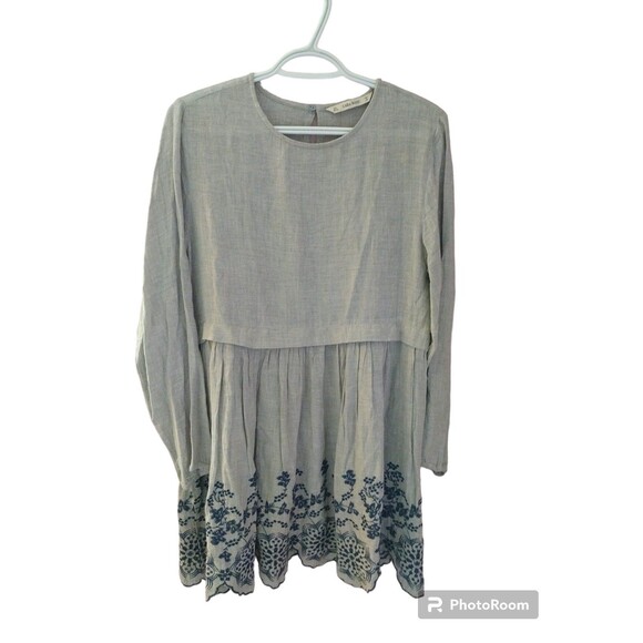 Zara Basic Grey Long Sleeve Tunic Top with Navy Floral Embroidery Size Large - Picture 1 of 11
